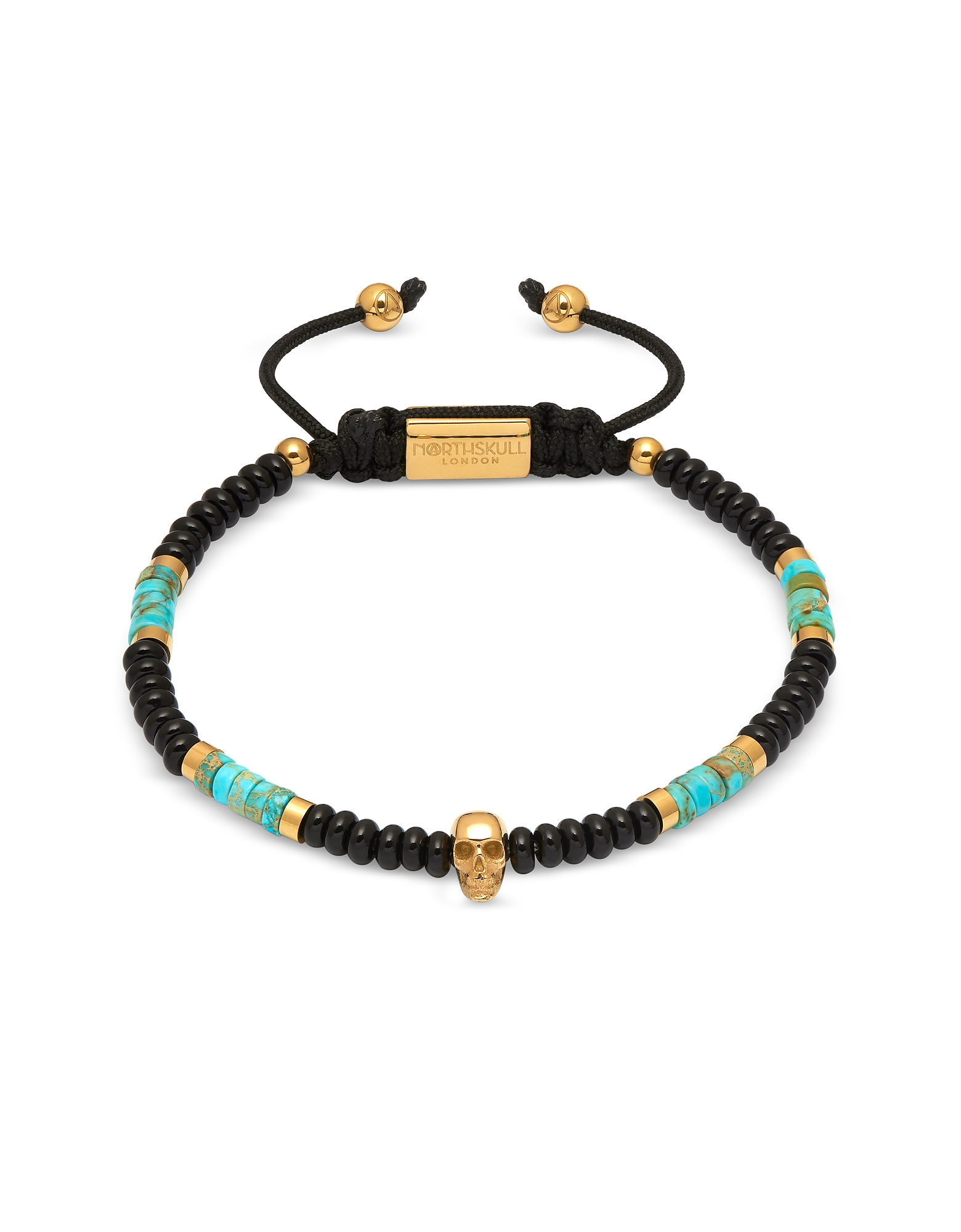

Atticus Skull Macramé Bracelet In Black Onyx w/ Turquoise And Yellow Gold, Multicolor