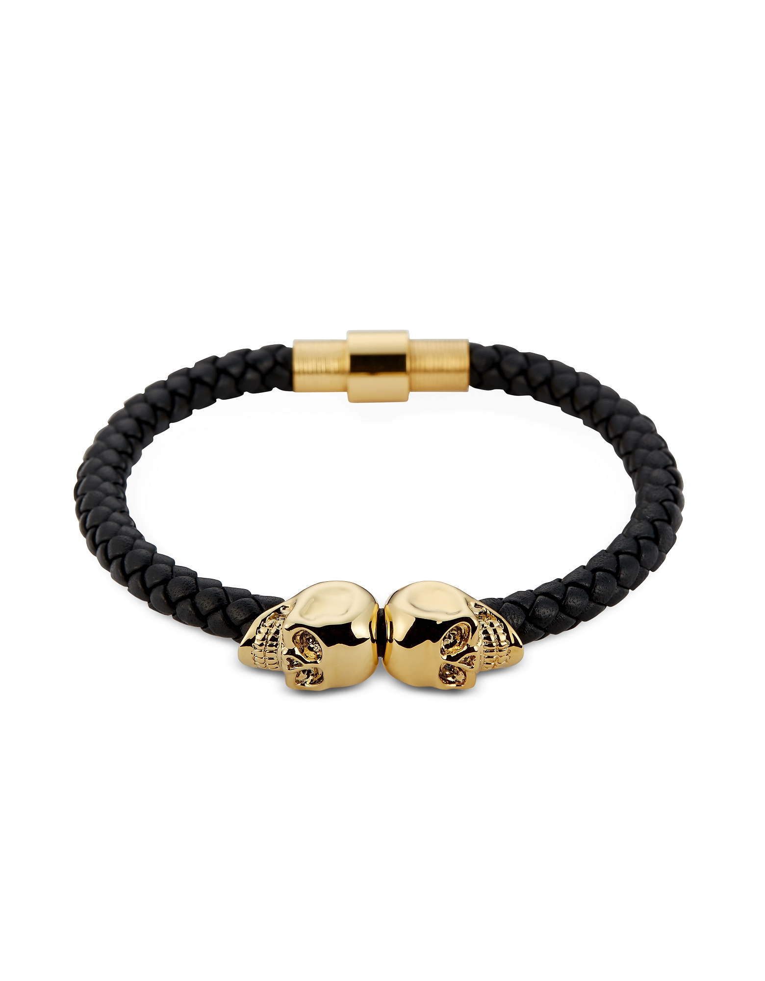 

Black Nappa Leather and 18 kt. Gold Twin Skull Men's Bracelet
