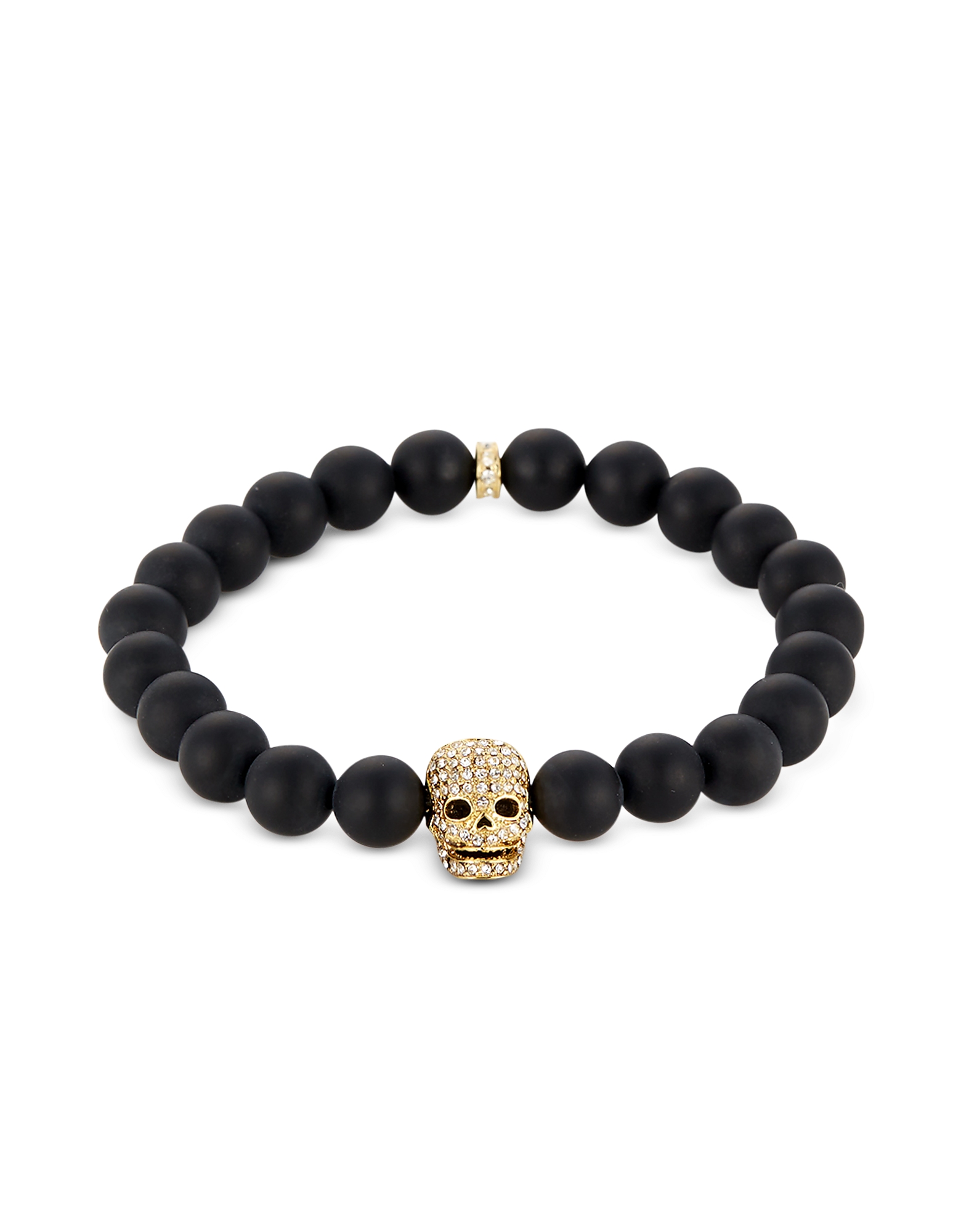 

Matte Black Onyx/Gold Skull Bracelet with Crystals