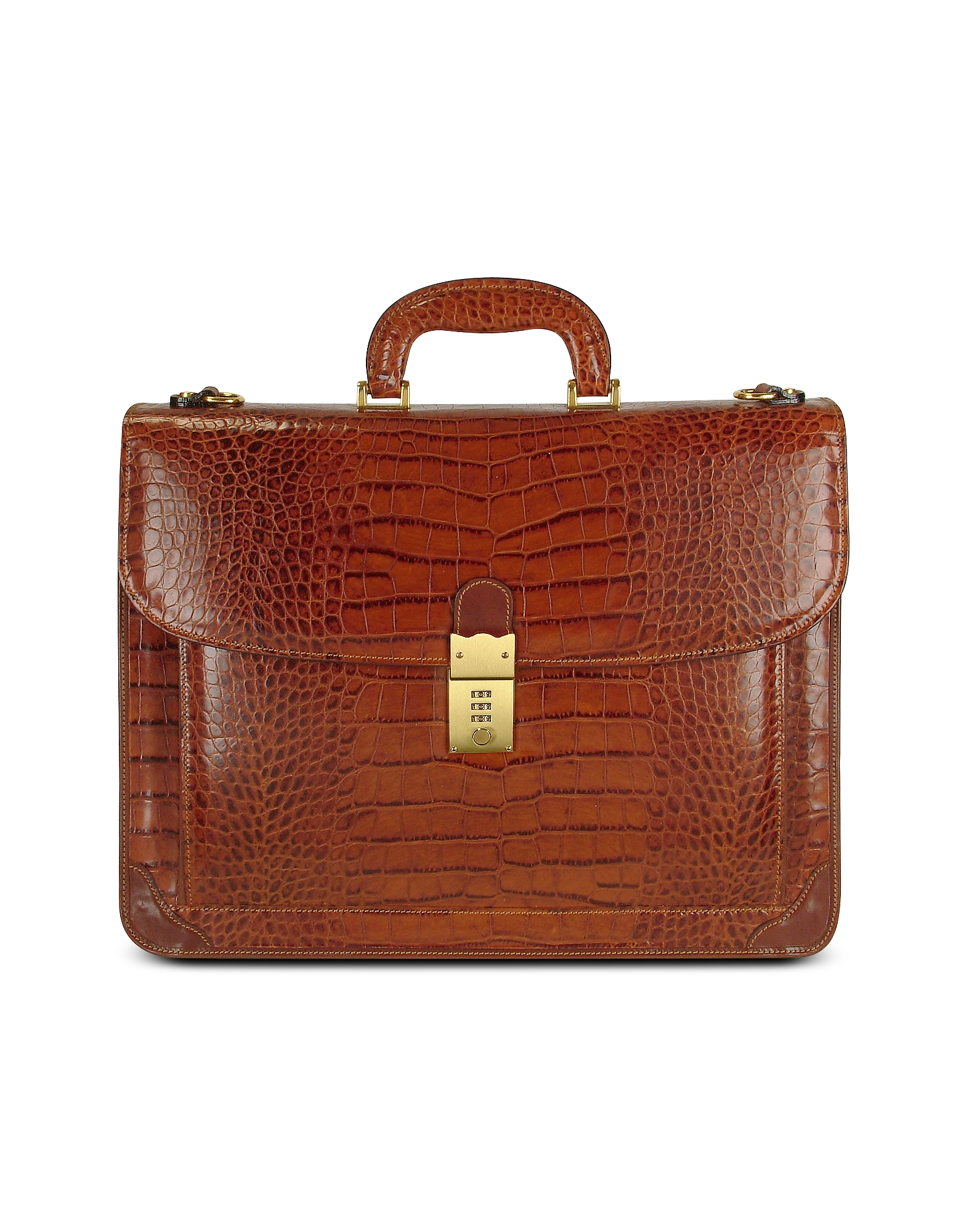 

Men's Front Pocket Croco Stamped Italian Leather Briefcase, Brown
