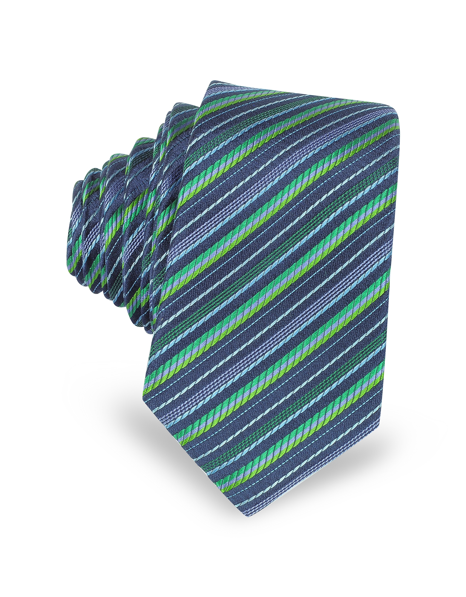 

Navy Blue and Green Diagonal Stripe Woven Silk Extra-Narrow Tie