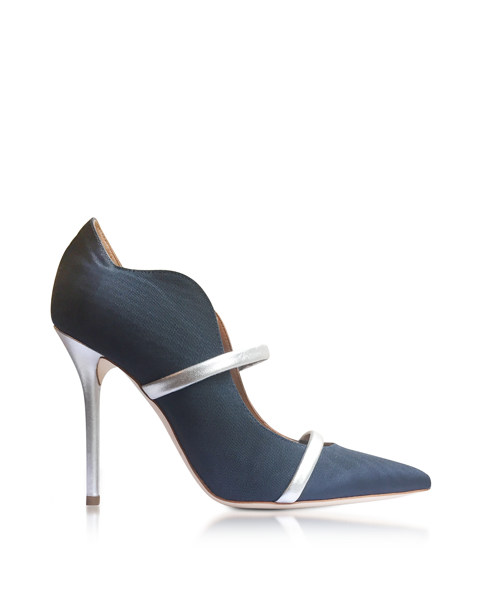 

Maureen Navy Blue Moire Fabric and Silver Metallic Nappa Leather High Heel Pumps