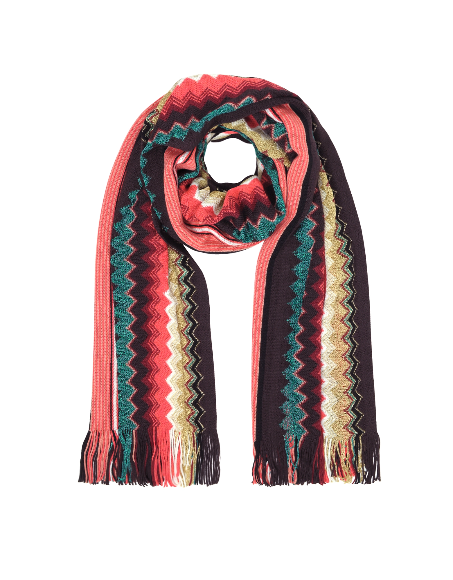 

Coral/Multicolor Large Zig Zag Acrylic and Wool Lurex Fringed Women's Long Scarf