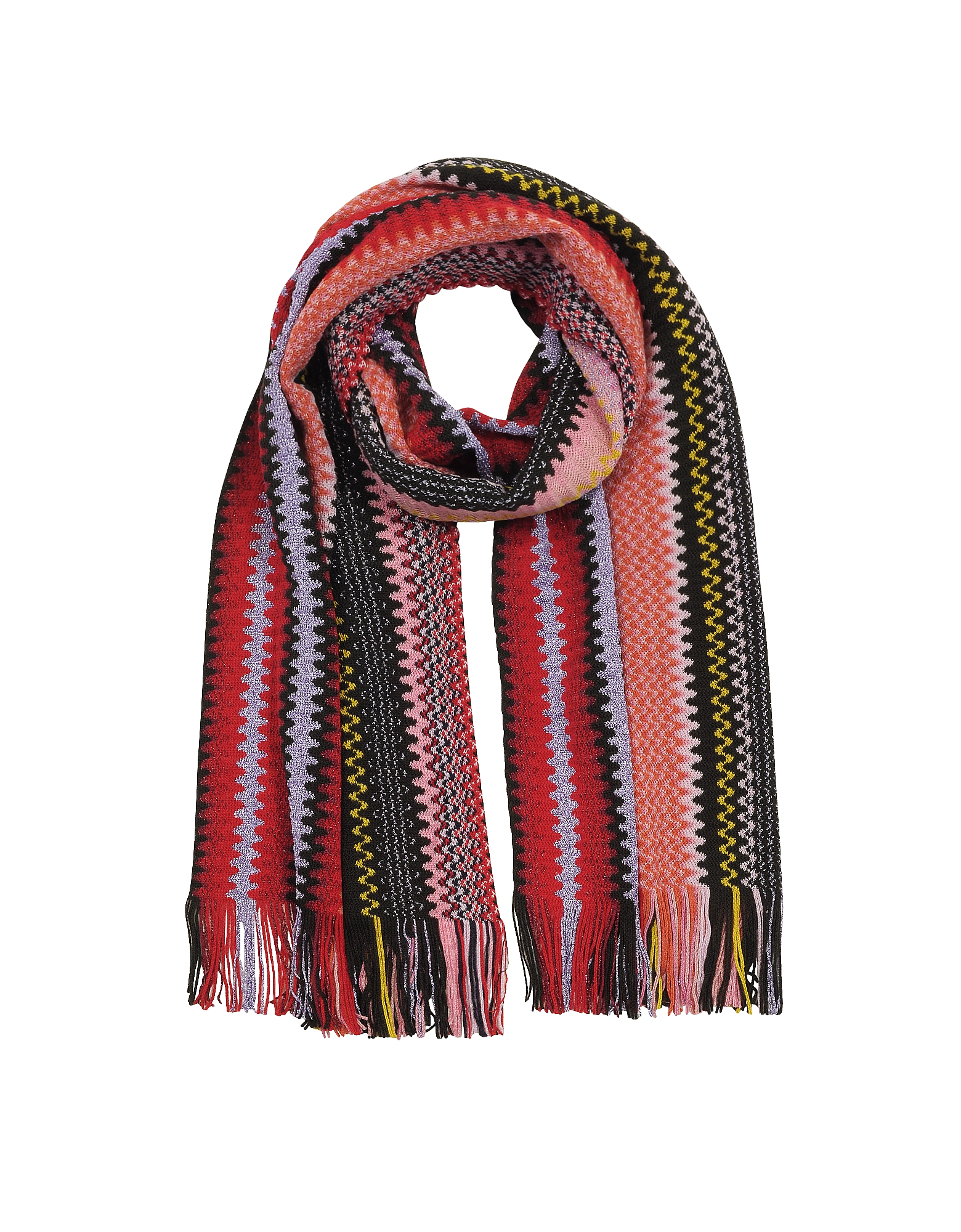 

Pink/Multicolor Zig Zag Wool Lurex and Acrylic Fringed Women's Long Scarf