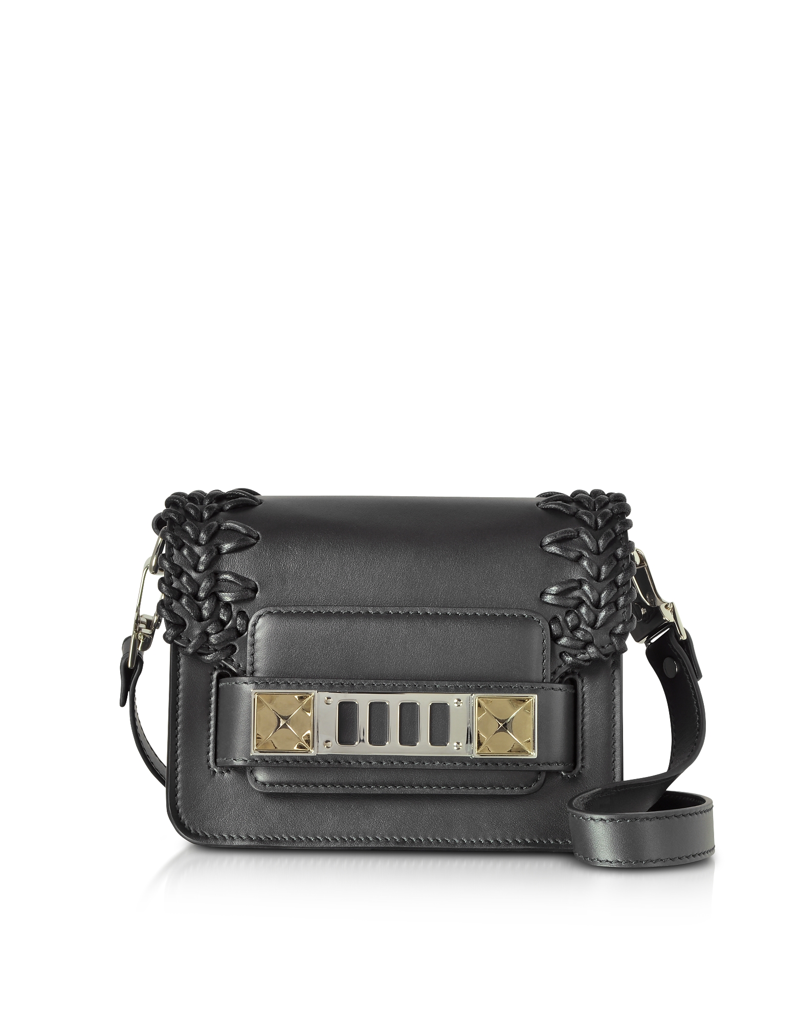 

PS11 Black Smooth Leather Crossbody Bag w/Crochet