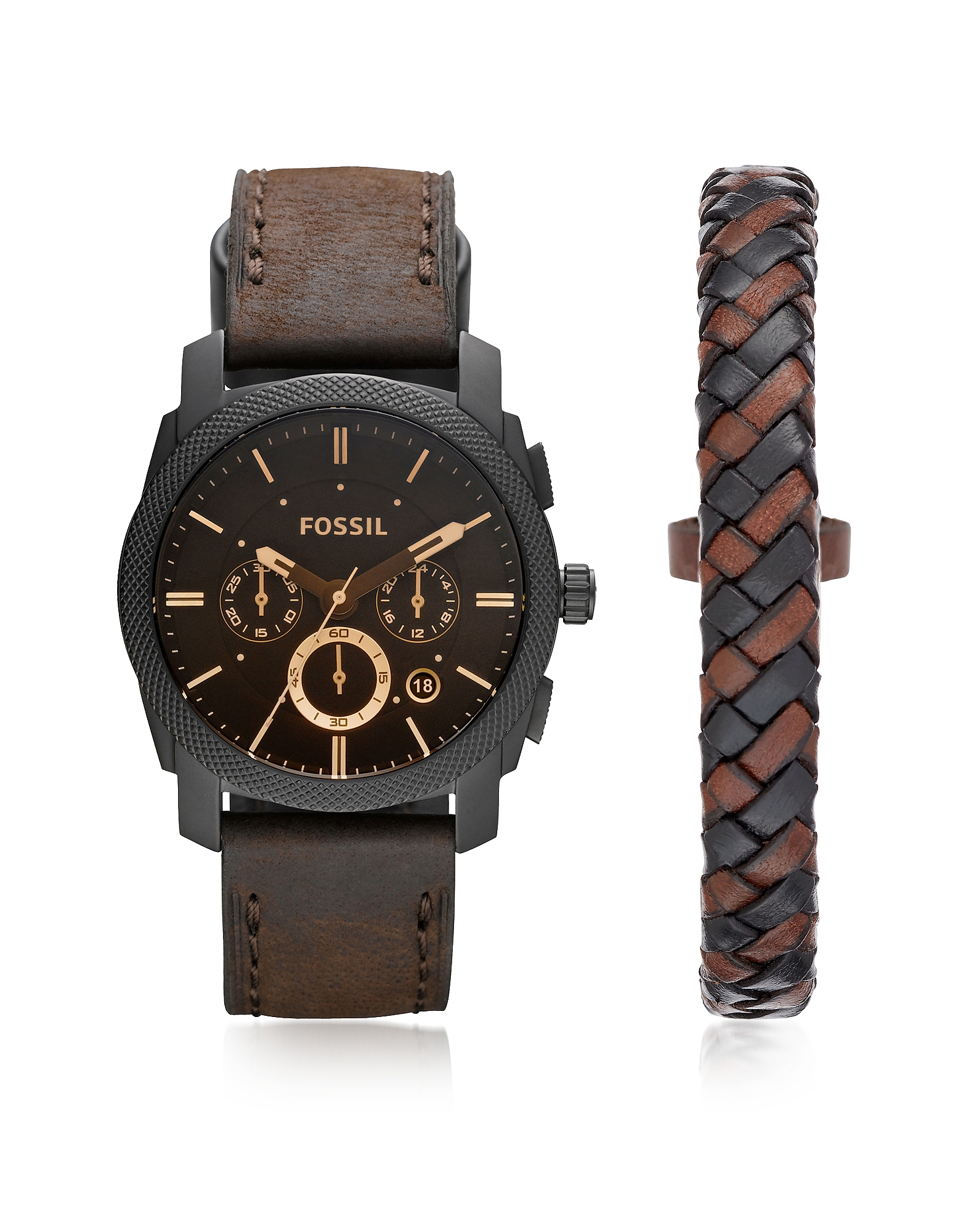 

Machine Chronograph Dark Brown Leather Men's Watch and Bracelet Box Set, Black