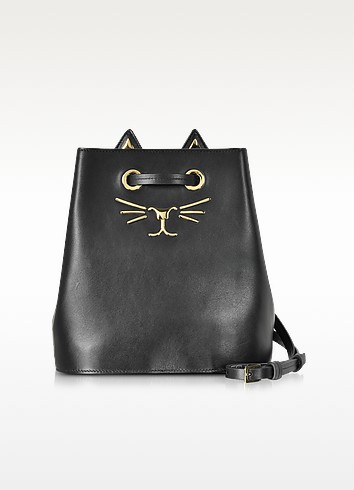 Charlotte Olympia Feline Black Leather Bucket Bag at FORZIERI