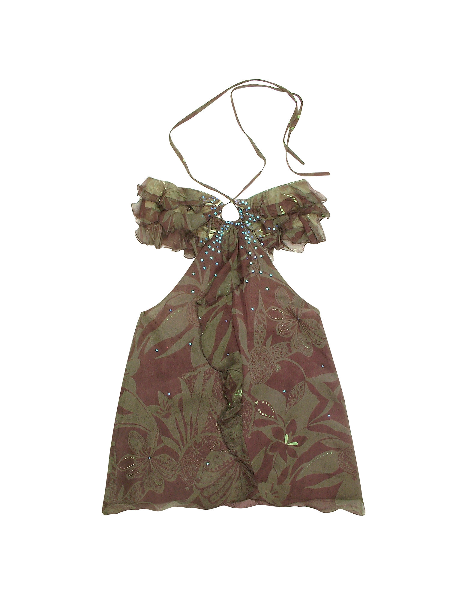 

Floral Printed Ruched Front Silk Halter Top, Khaki
