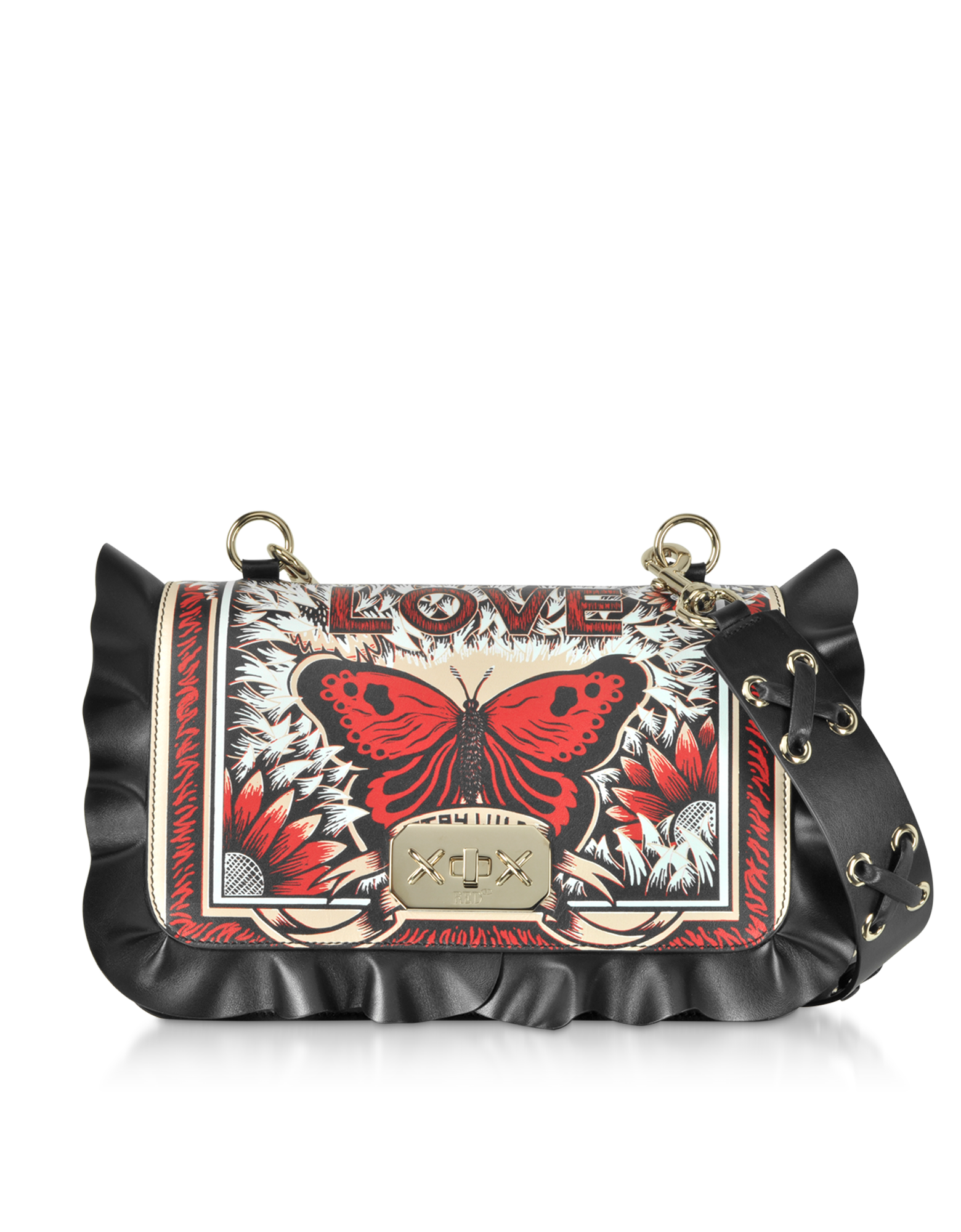 

Butterfly Print Black Ruffles Leather Shoulder Bag