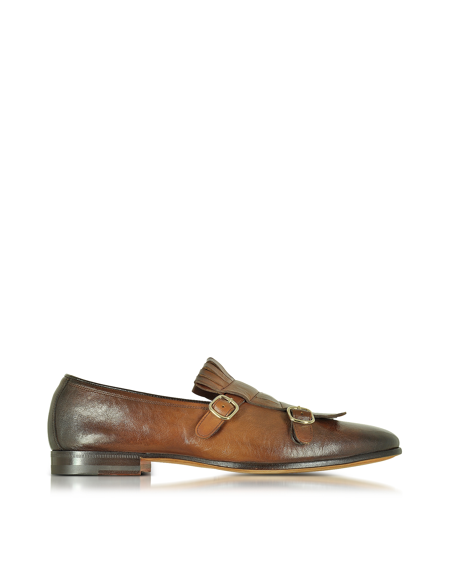 

Shaded Brown Leather Monk Strap Shoes w/Fringes