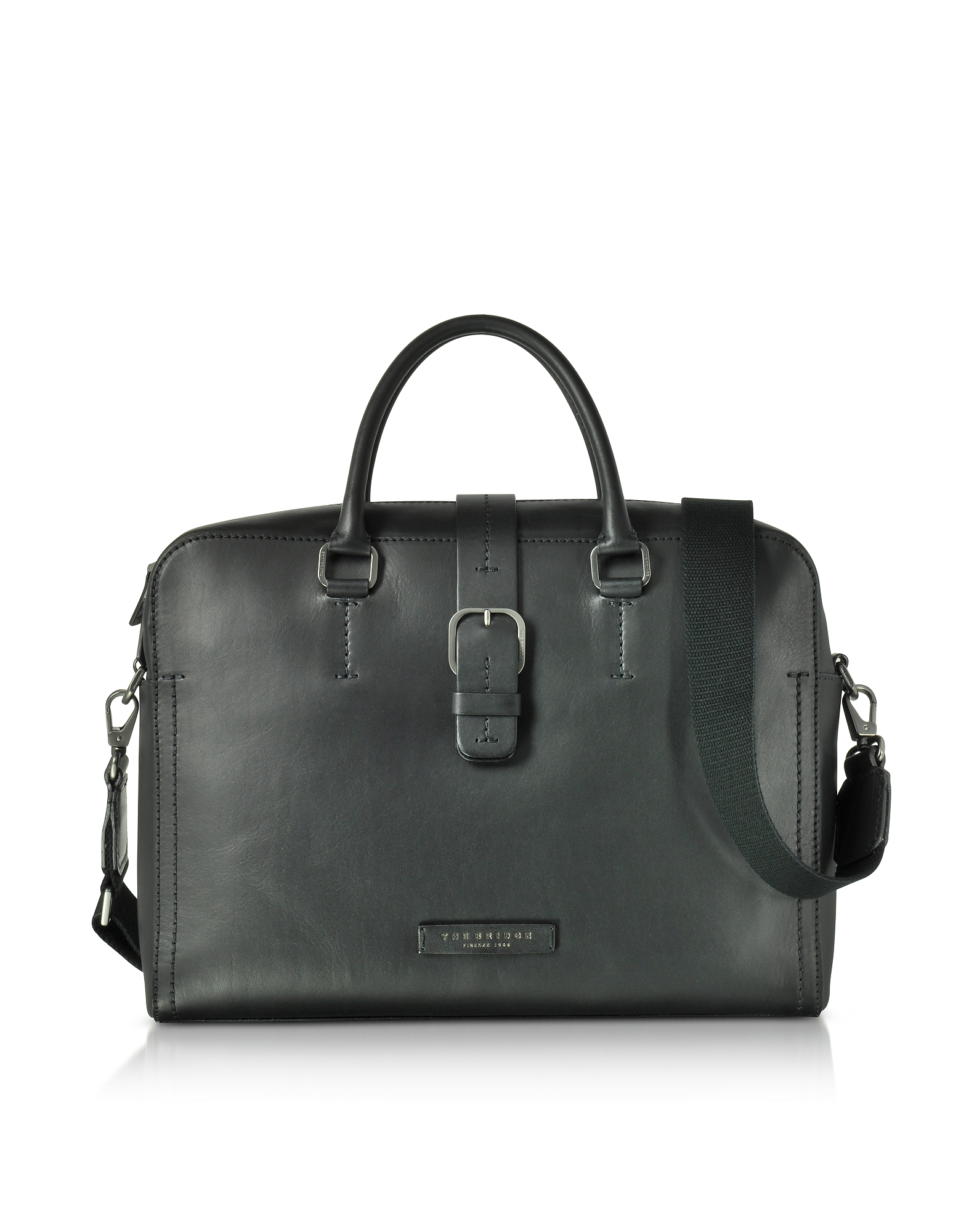 

Black Leather Double Handle Briefcase w/Detachable Shoulder Strap