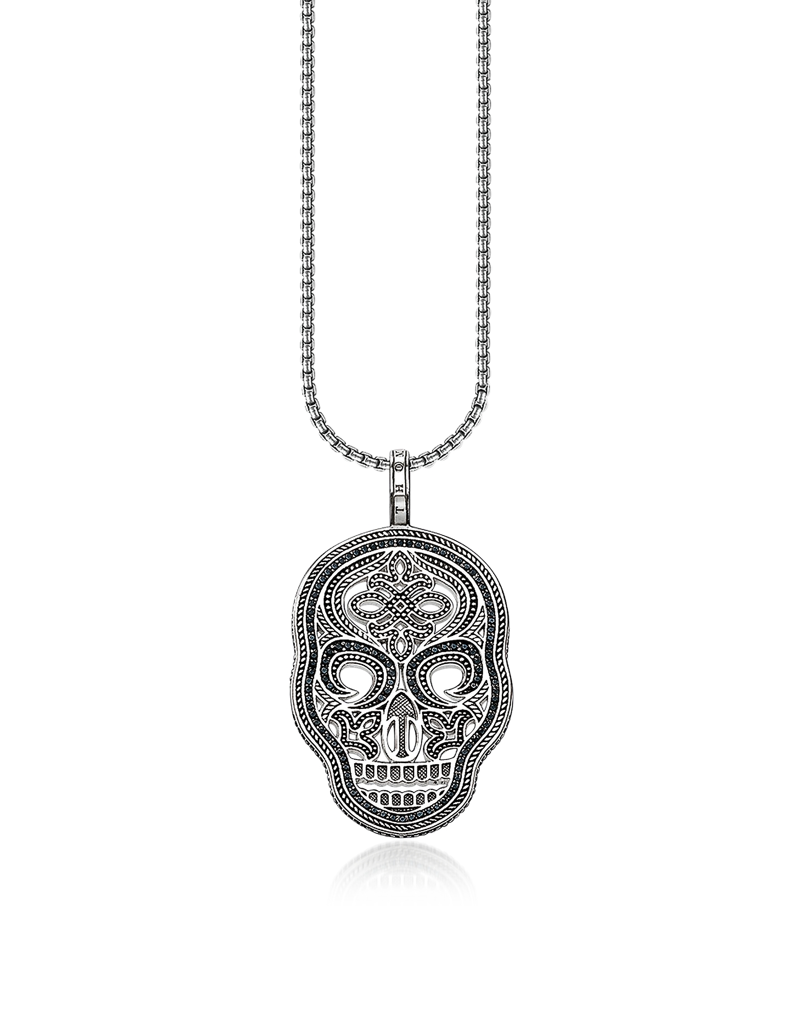

Blackened 925 Sterling Silver and Zirconia Pave Necklace w/Skull Mask Pendant