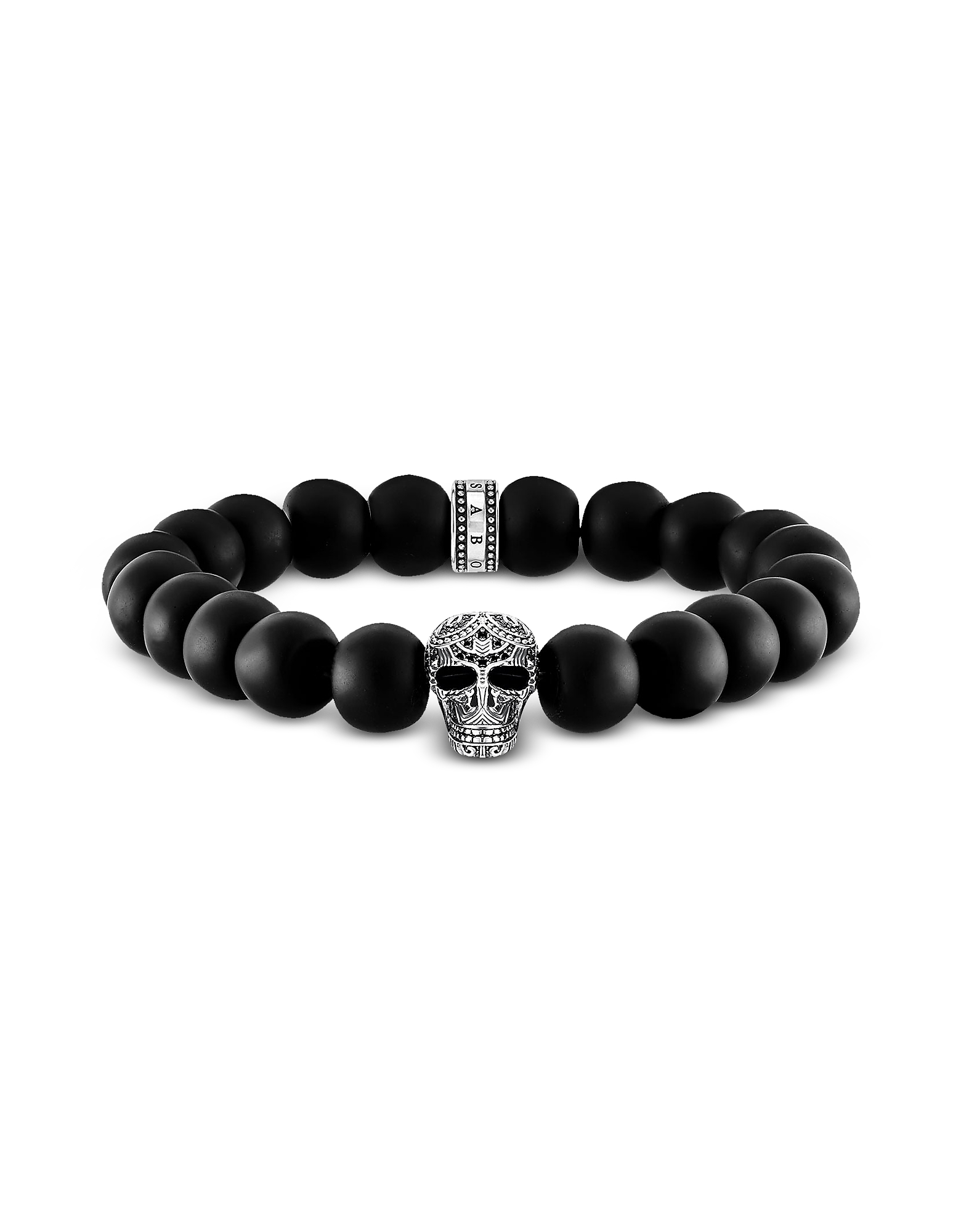 

Blackened 925 Sterling Silver and Matt Obsidian Beads Maori Skull Power Bracelet, Black