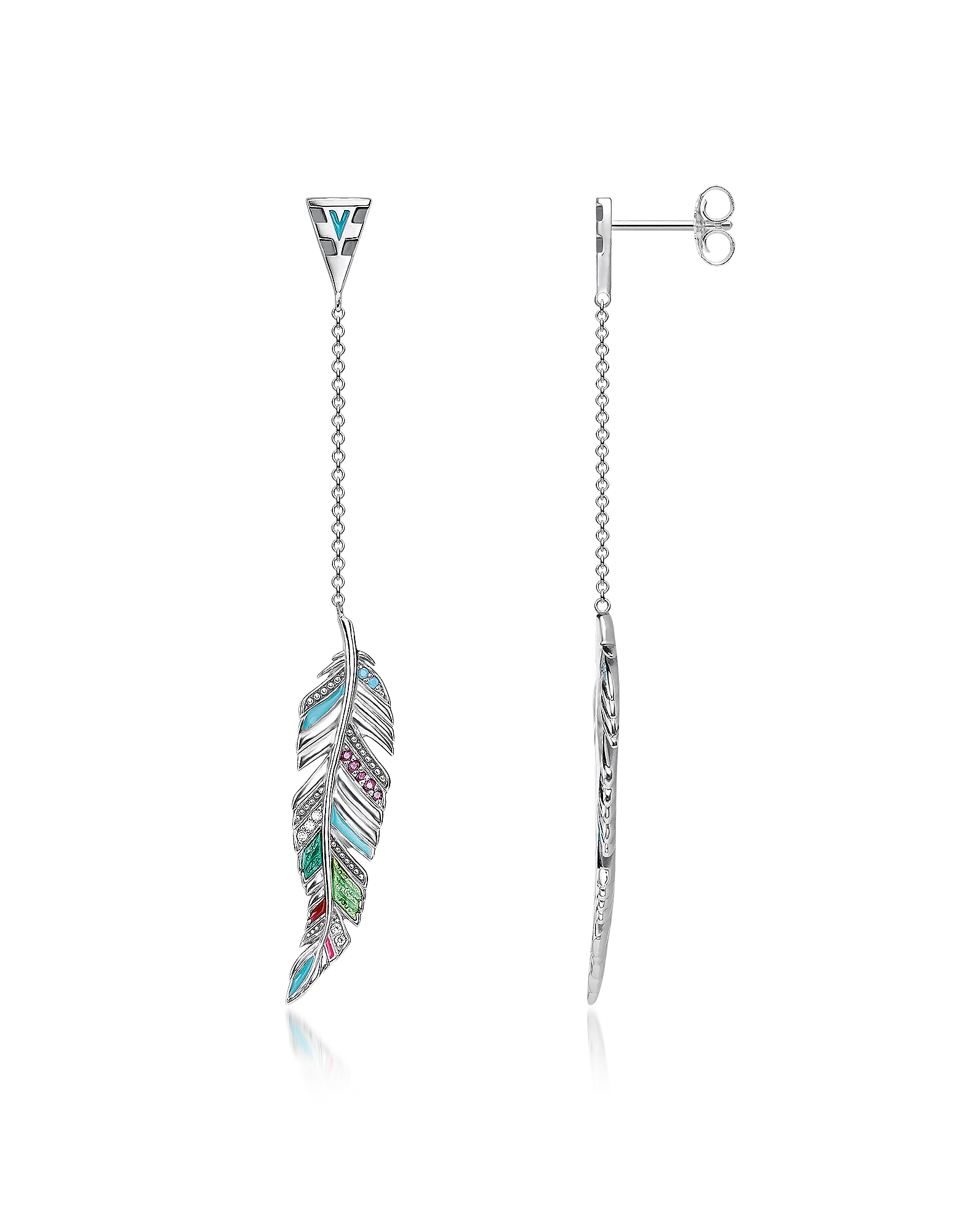 

Blackened Sterling Silver, Enamel and Glass-ceramic Stones Feathers Long Earrings