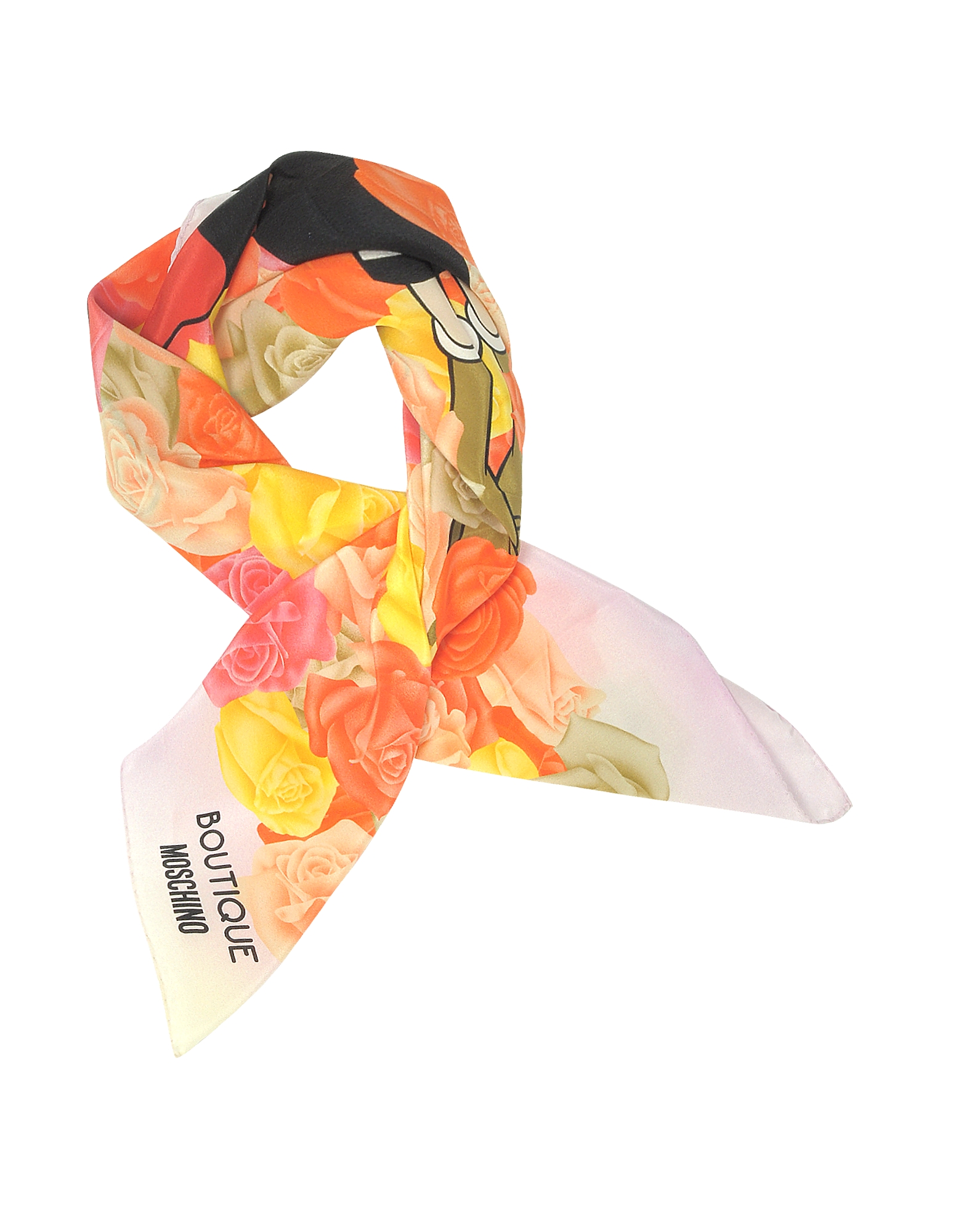 

Boutique Moschino Pink and Multicolor Olive Oyl Cartoon & Roses Printed Crepe Silk Square Scarf